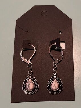 Antique Silver-Tone Teardrop Earrings with Real White Howlite Stone